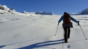 Flühmann am Spuren auf dem verschneiten Claridengletscher